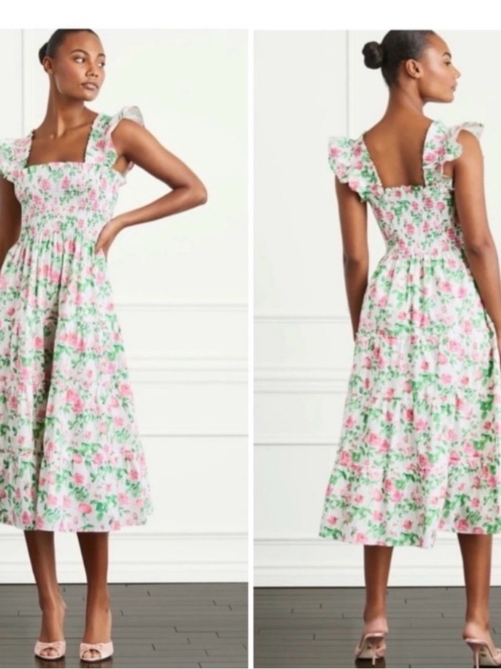 Hill House Floral Midi Dress in Pink and Green